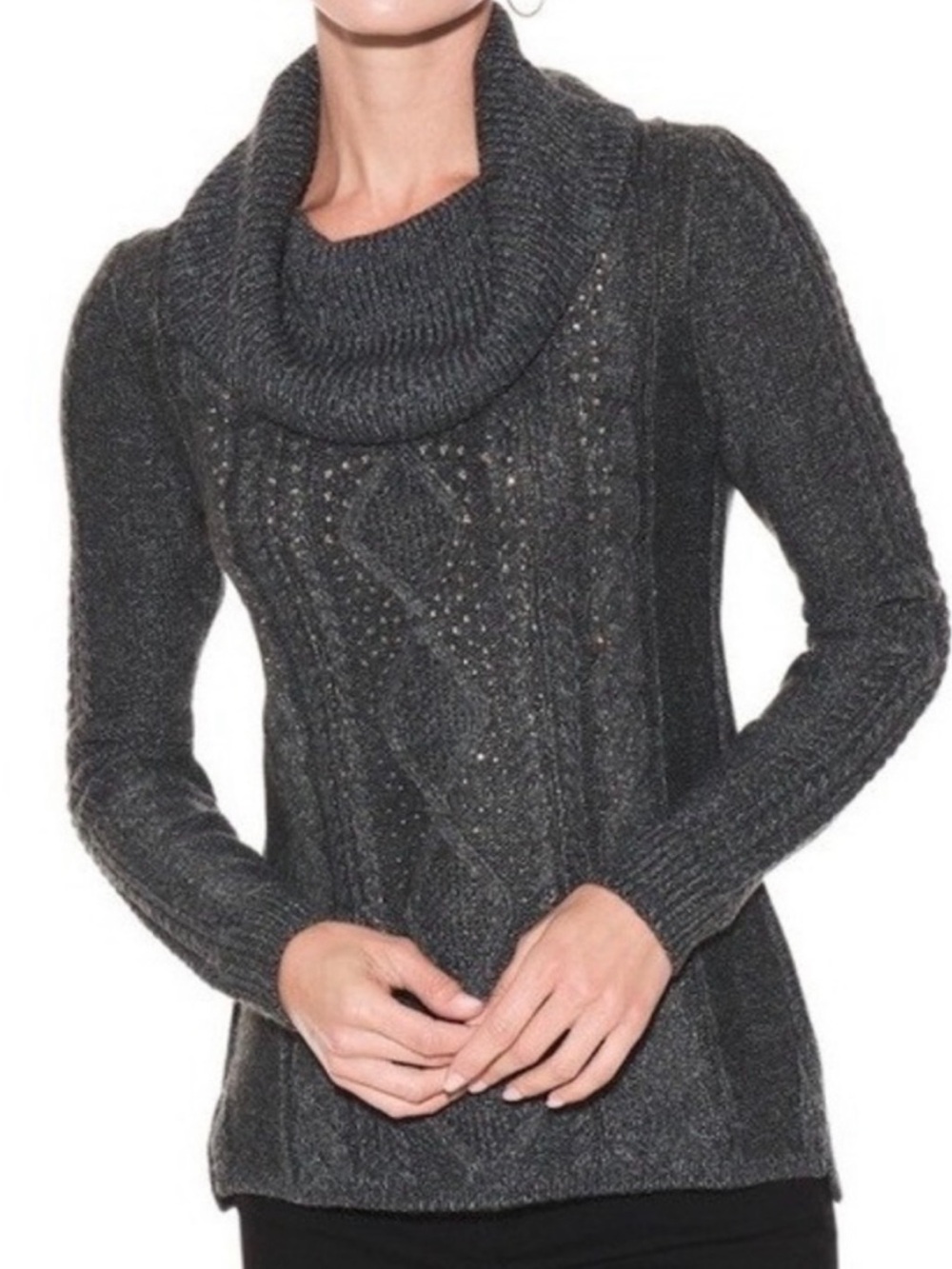 WHBM NWOT Embellished Charcoal Cowl Neck Sweater! Gorgeous